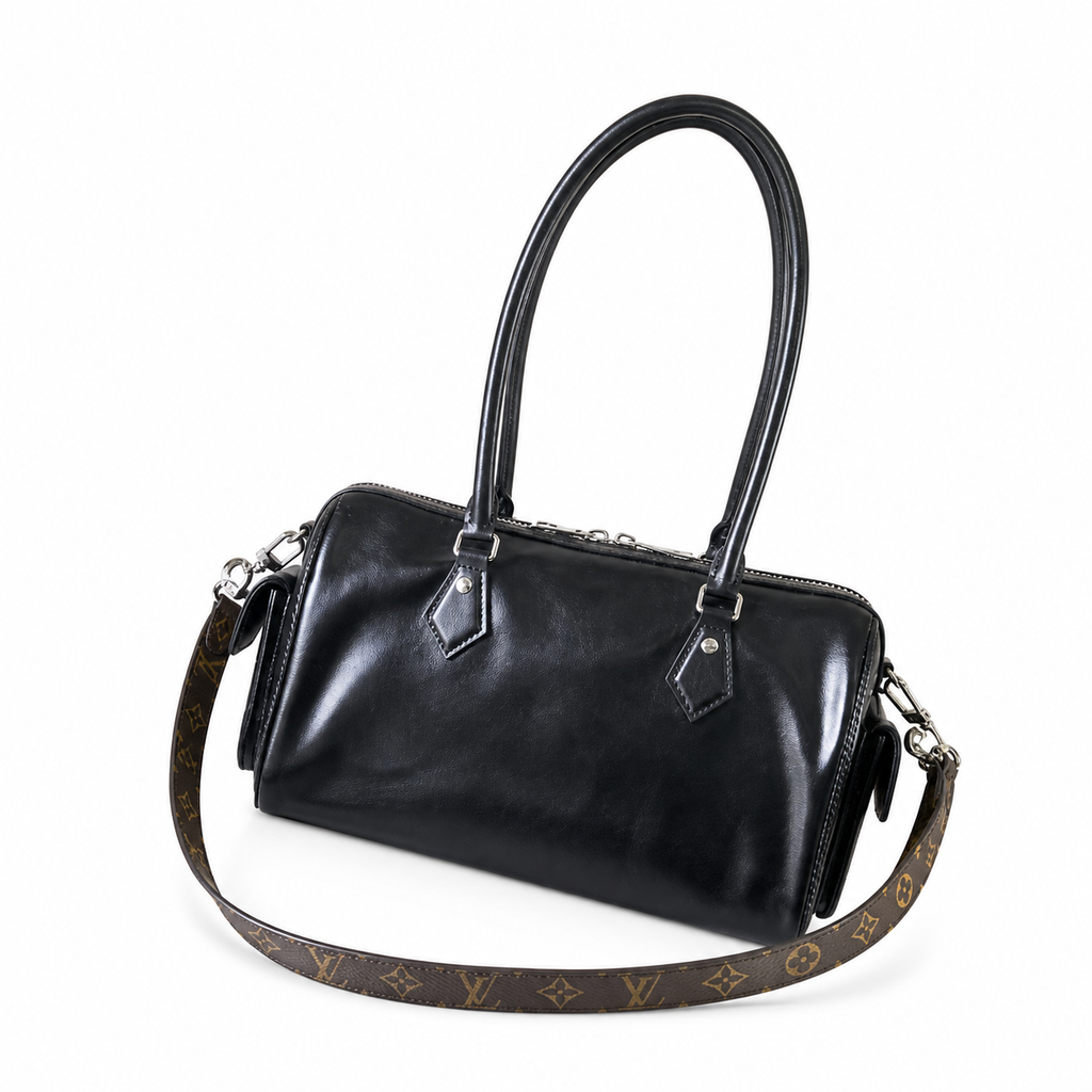 Louis Vuitton Mini Boston — Noir Black Smooth Calfskin, Monogram Canvas Strap, LV Paris Inscription & Luggage Tag