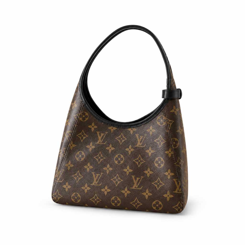 Louis Vuitton Flower Hobo — Monogram Canvas, Gold LV Padlock, Black Leather Border & Magnetic Snap