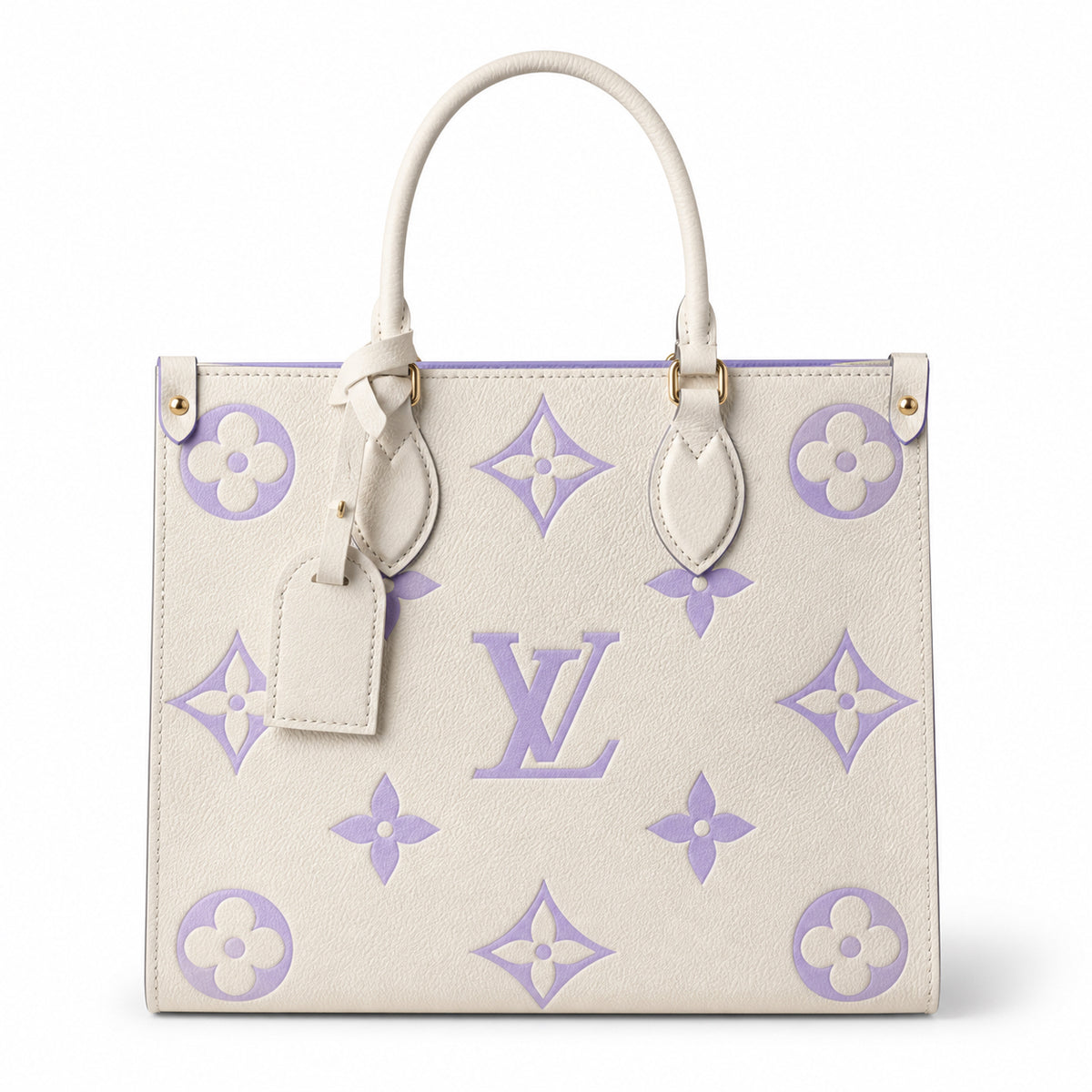 Louis Vuitton OnTheGo MM — Monogram Empreinte Leather in Crème with Lavender Trim & Interior