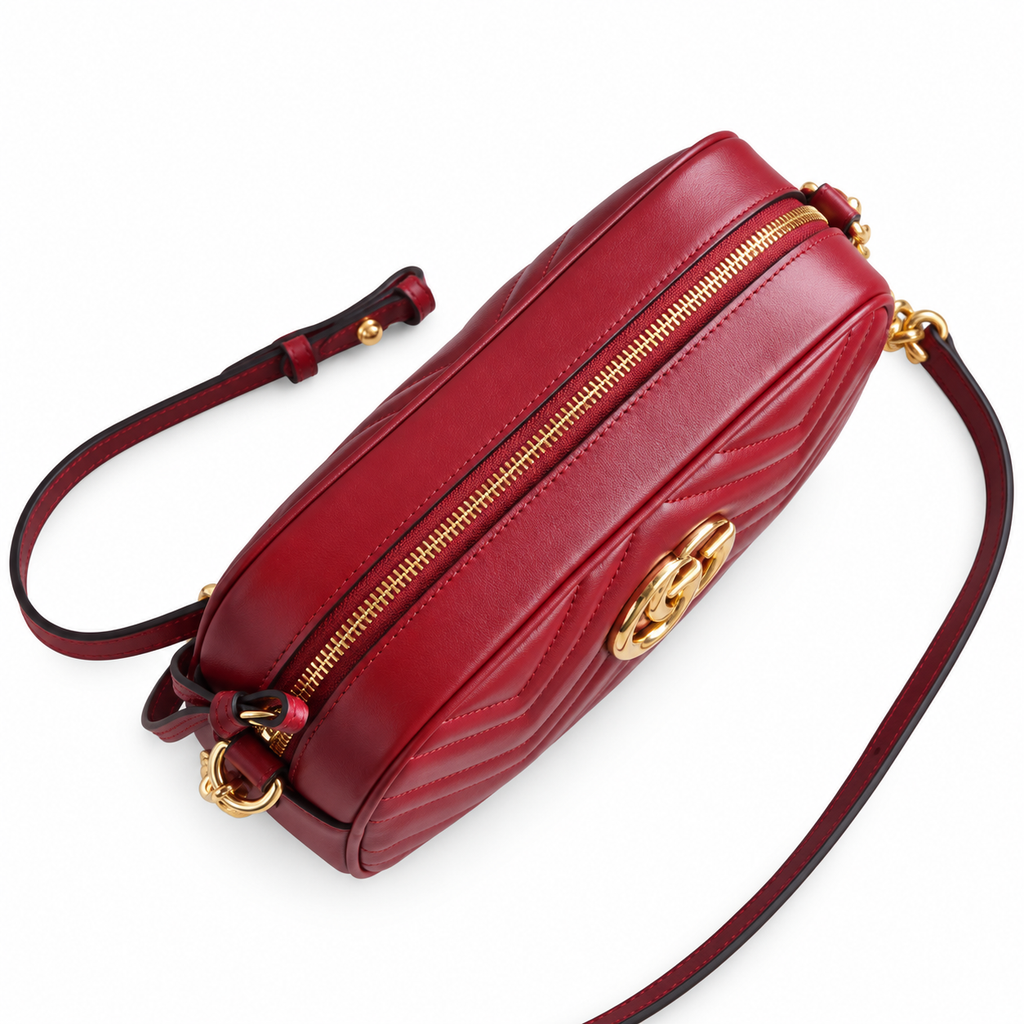 Gucci GG Marmont Small Camera Bag in Hibiscus Red Matelassé