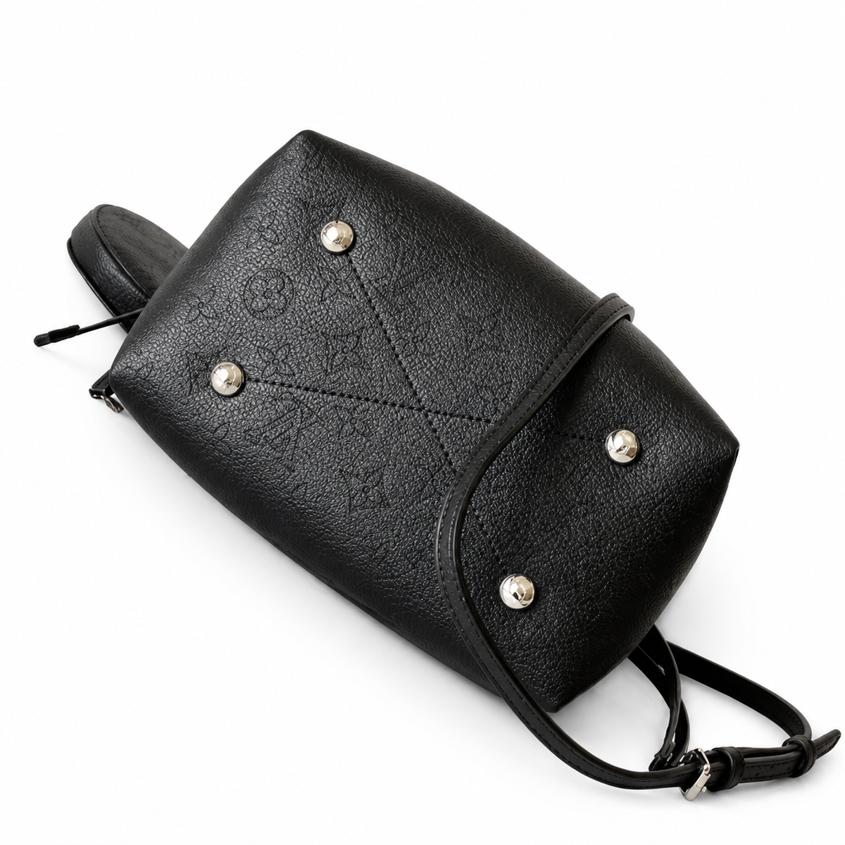 Louis Vuitton Mahina Mini Bucket — Noir Black Perforated Calfskin, Silver Chain & Tonal Drawstring