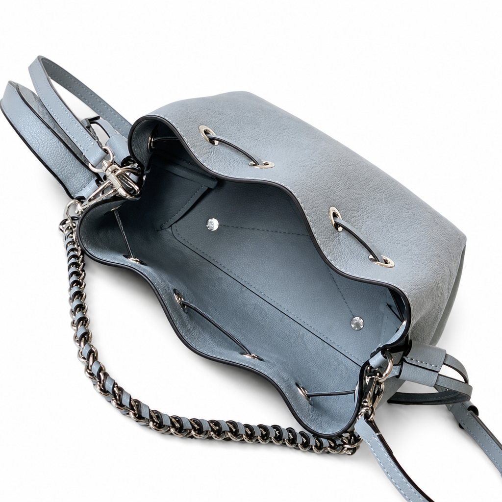 Louis Vuitton Mahina Mini Bucket — Bleu Glacier Perforated, Braided Chain Handle & Round Coin Purse Set