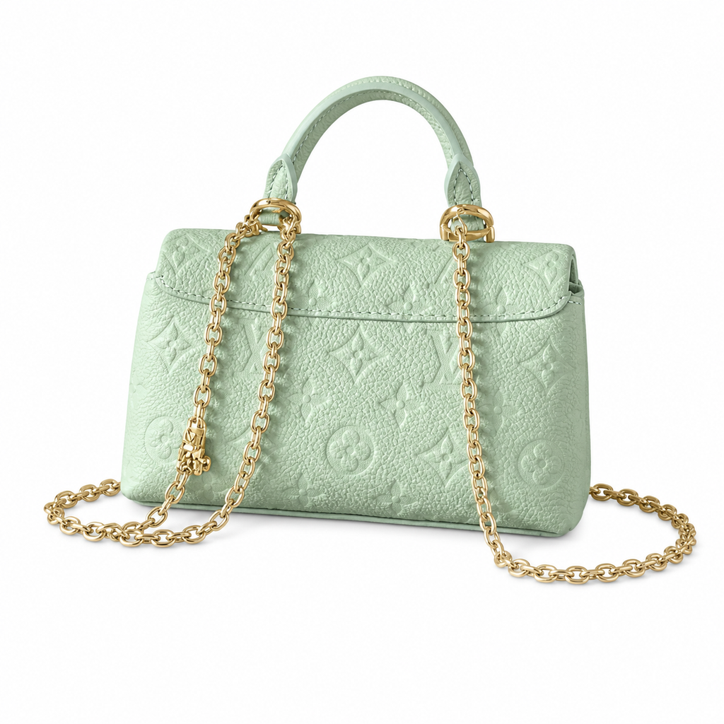 Louis Vuitton Mini Flap — Vert Sauge Empreinte, Gold Chunky Chain, Enamel Trunk Charm & Crystal Pendant