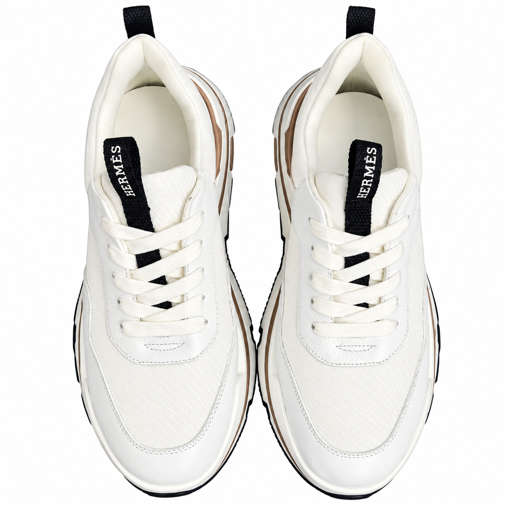 Hermès White Mesh Lace-Up Sneakers | Tan Trim