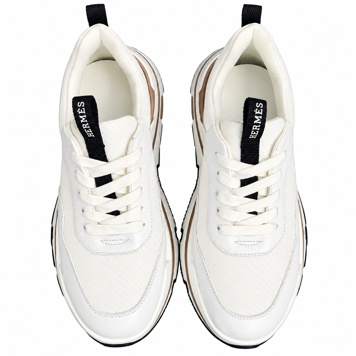 Hermès White Mesh Lace-Up Sneakers | Tan Trim