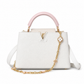 Louis Vuitton Capucines Mini — White Floral Embossed, Blush Pink Handle & Pink-Woven Chain