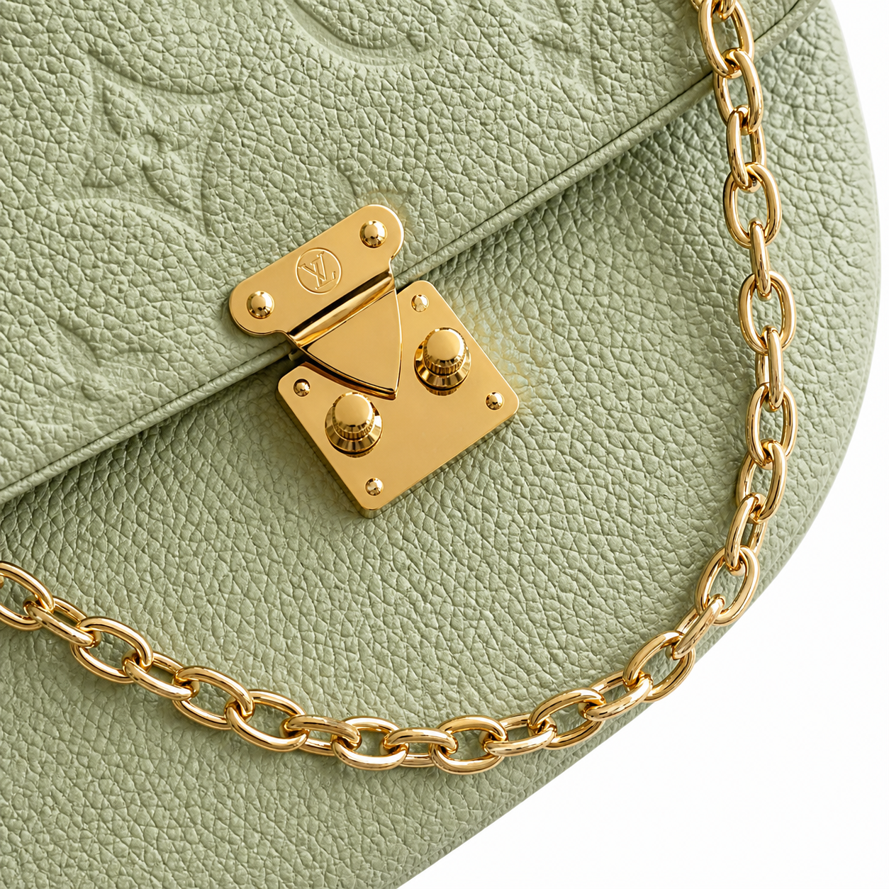Louis Vuitton Madeleine BB — Monogram Empreinte Leather in Vert d’Eau with Gold Chain & Crystal Charm