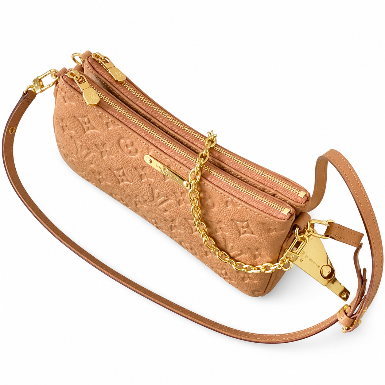 Louis Vuitton Milla MM — Caramel Miel Empreinte, Gold Chain & Adjustable Leather Strap