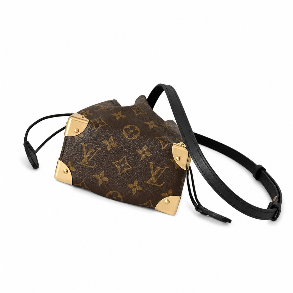 Louis Vuitton Nano Noé — Monogram Canvas, All-Over Gold Studs, Wide Black Leather Strap & Corner Guards