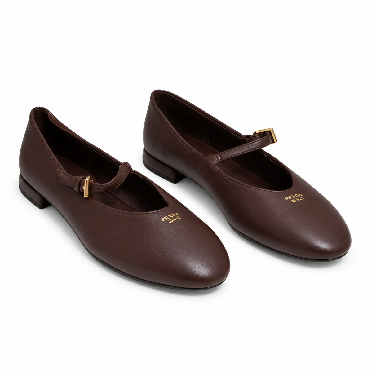 Prada Brown Buckled Mary Jane Ballet Flats