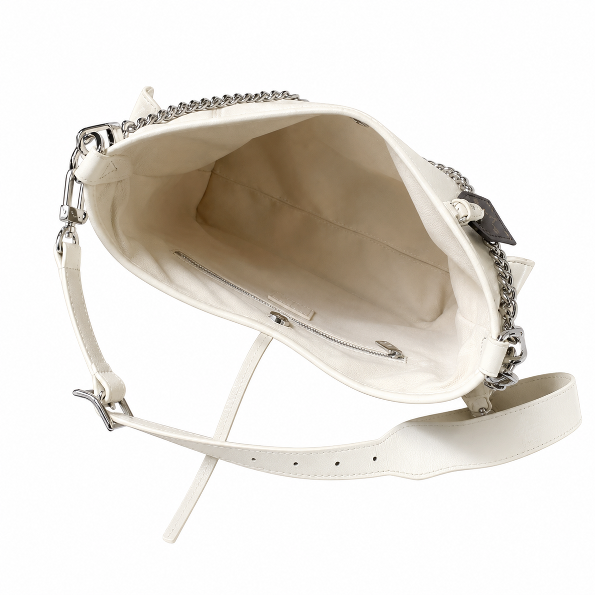 Louis Vuitton Large Shoulder Bag — Blanc Ivoire Smooth Calfskin, Silver Chain, Dome Stud Feet & Monogram Tag