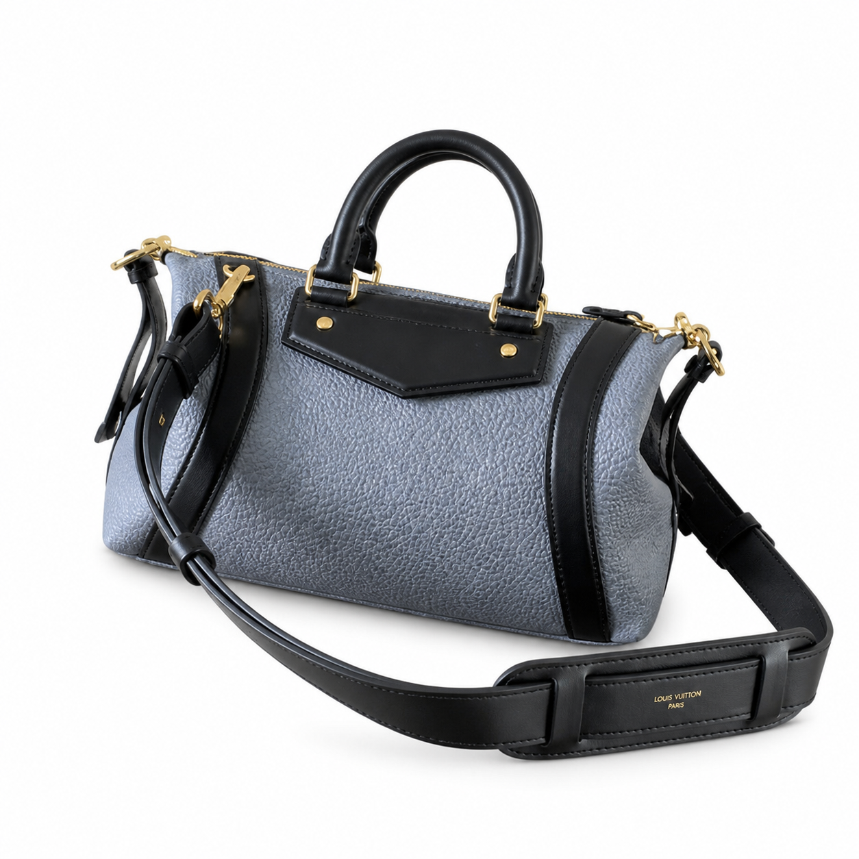 Louis Vuitton Cylinder Bag — Bleu Glacier Metallic, Racing Stripes, Gold LV Badge & Front Flap Pocket