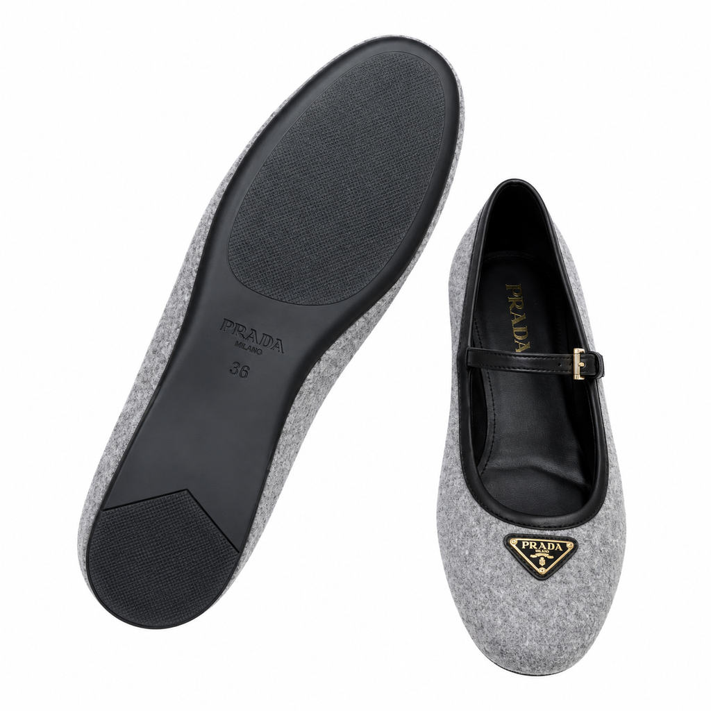 Prada Grey Textured Mary Jane Ballet Flats