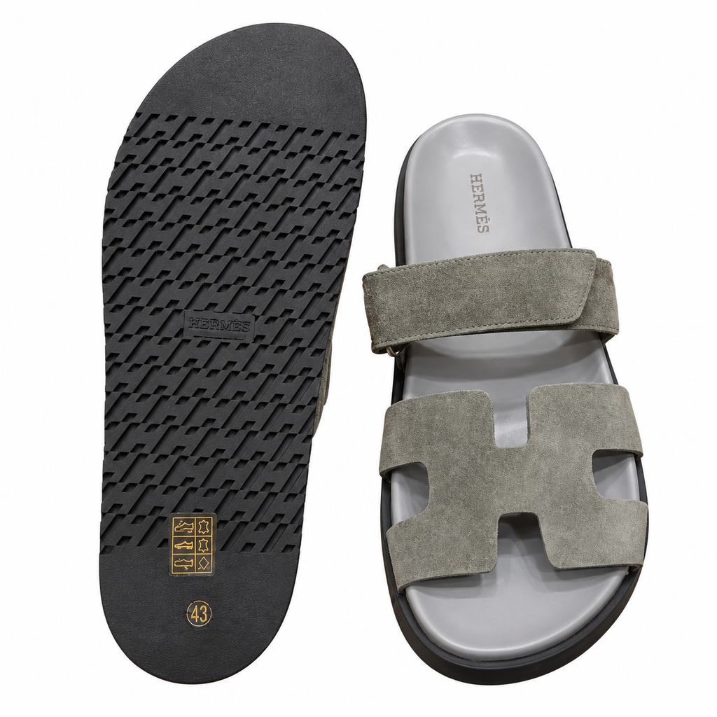 Hermès Grey Textured Leather H-Cutout Slides