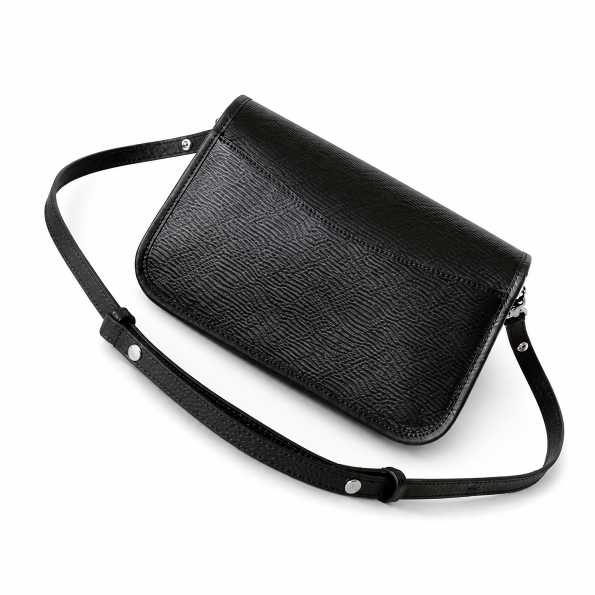 Louis Vuitton Flap Crossbody — Black Epi Leather, Silver Flip-Lock & Violet Suede Interior