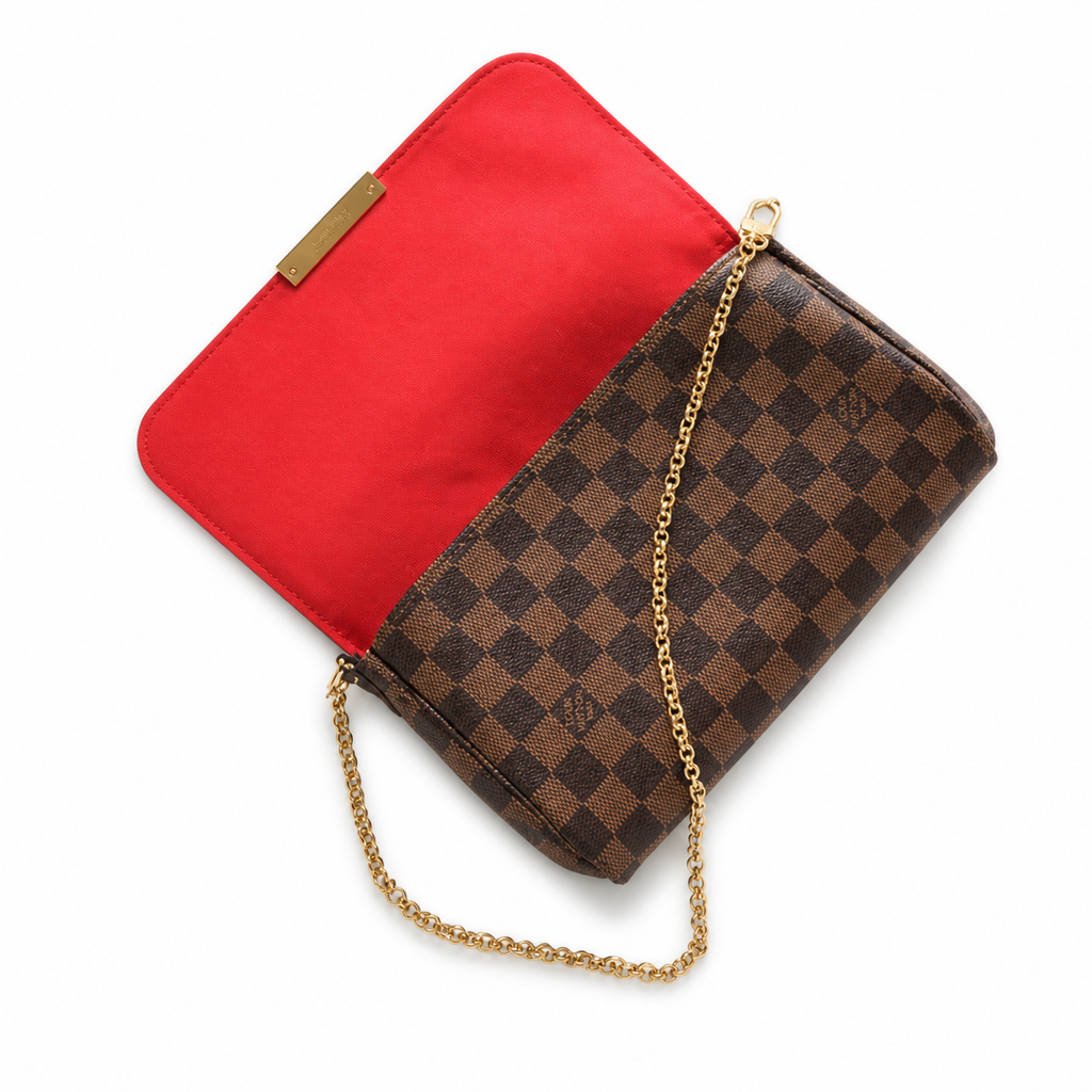 Louis Vuitton Favorite MM — Damier Ebène Canvas, Detachable Gold Chain, Dome Rivets & Zip Closure