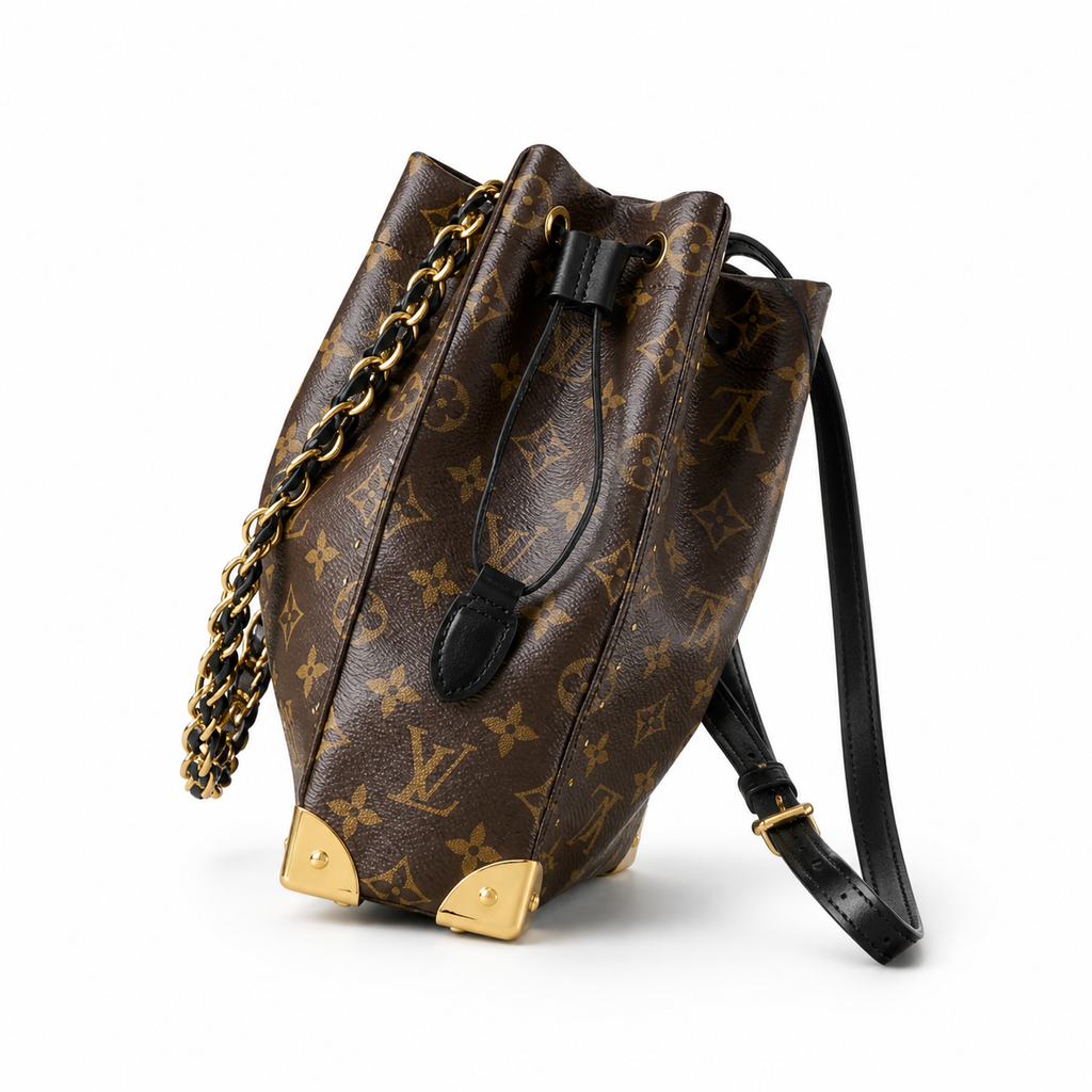 Louis Vuitton Noé BB — Monogram Canvas, Black Leather Trim, Leather-Woven Chain Handle & Black Interior