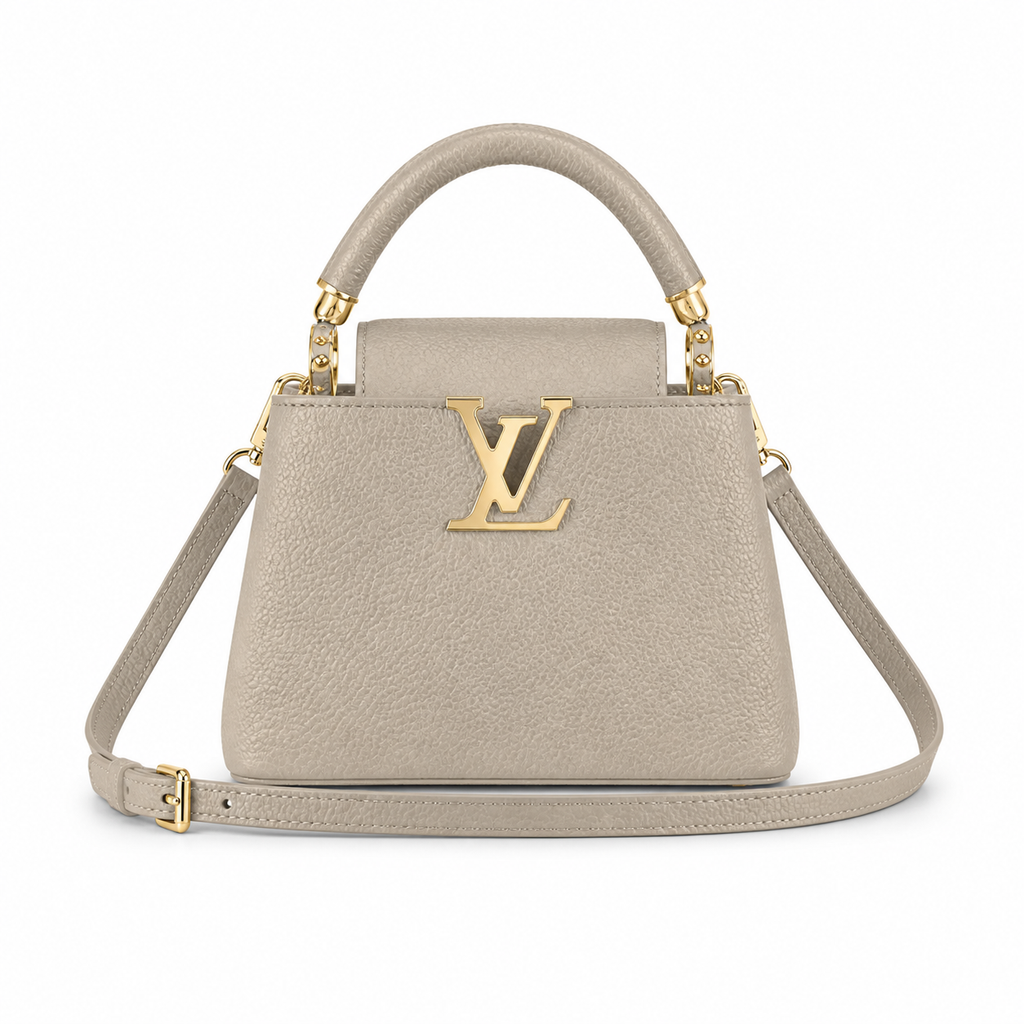Louis Vuitton Capucines Mini — Taurillon Leather in Tourterelle with Gold Chain Handle & Flower Lock