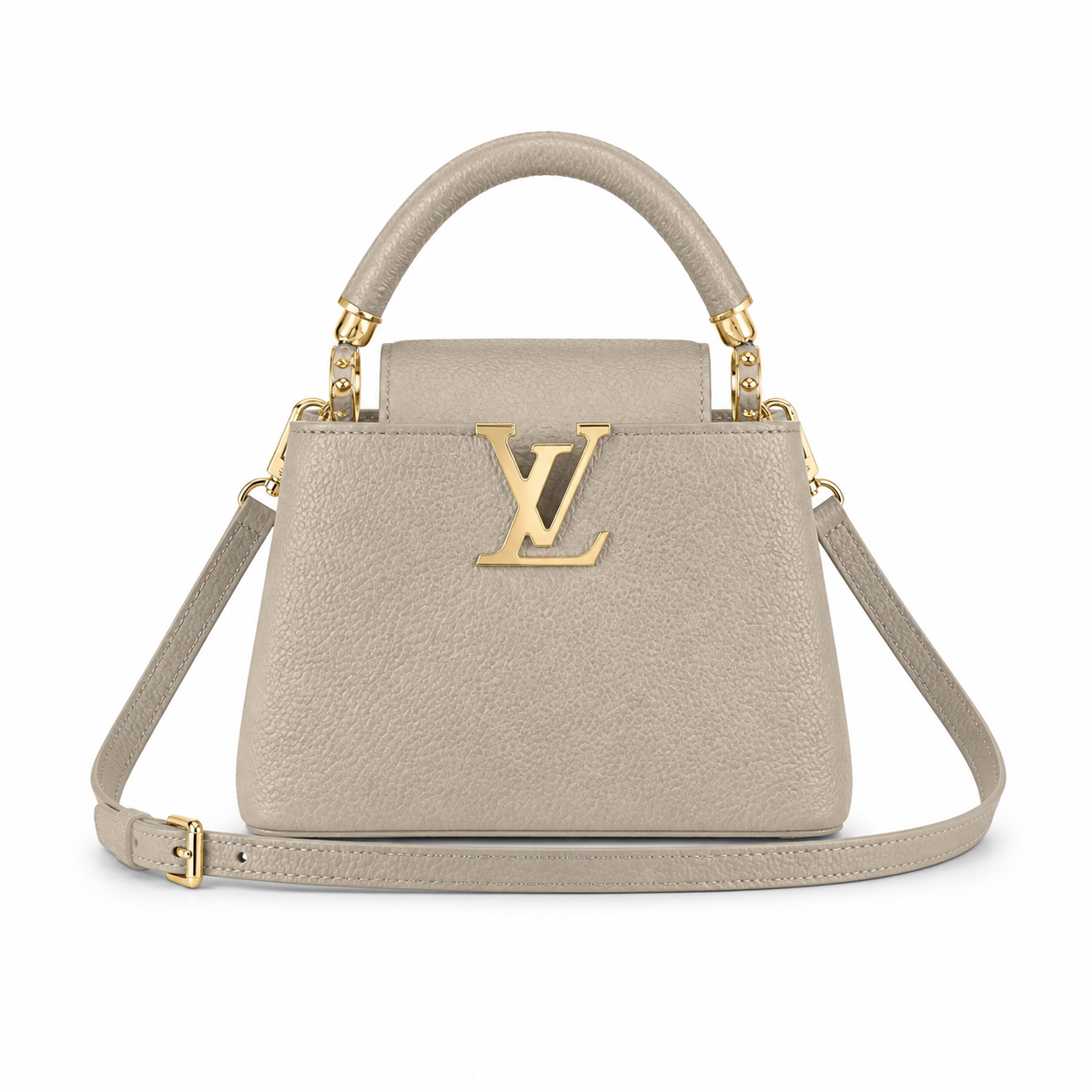 Louis Vuitton Capucines Mini — Taurillon Leather in Tourterelle with Gold Chain Handle & Flower Lock