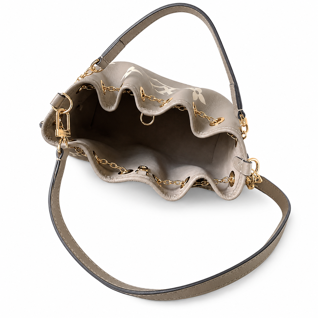 Louis Vuitton NéoNoé MM — Tourterelle Grey Giant Empreinte, Gold Chain & Single Grey Handle