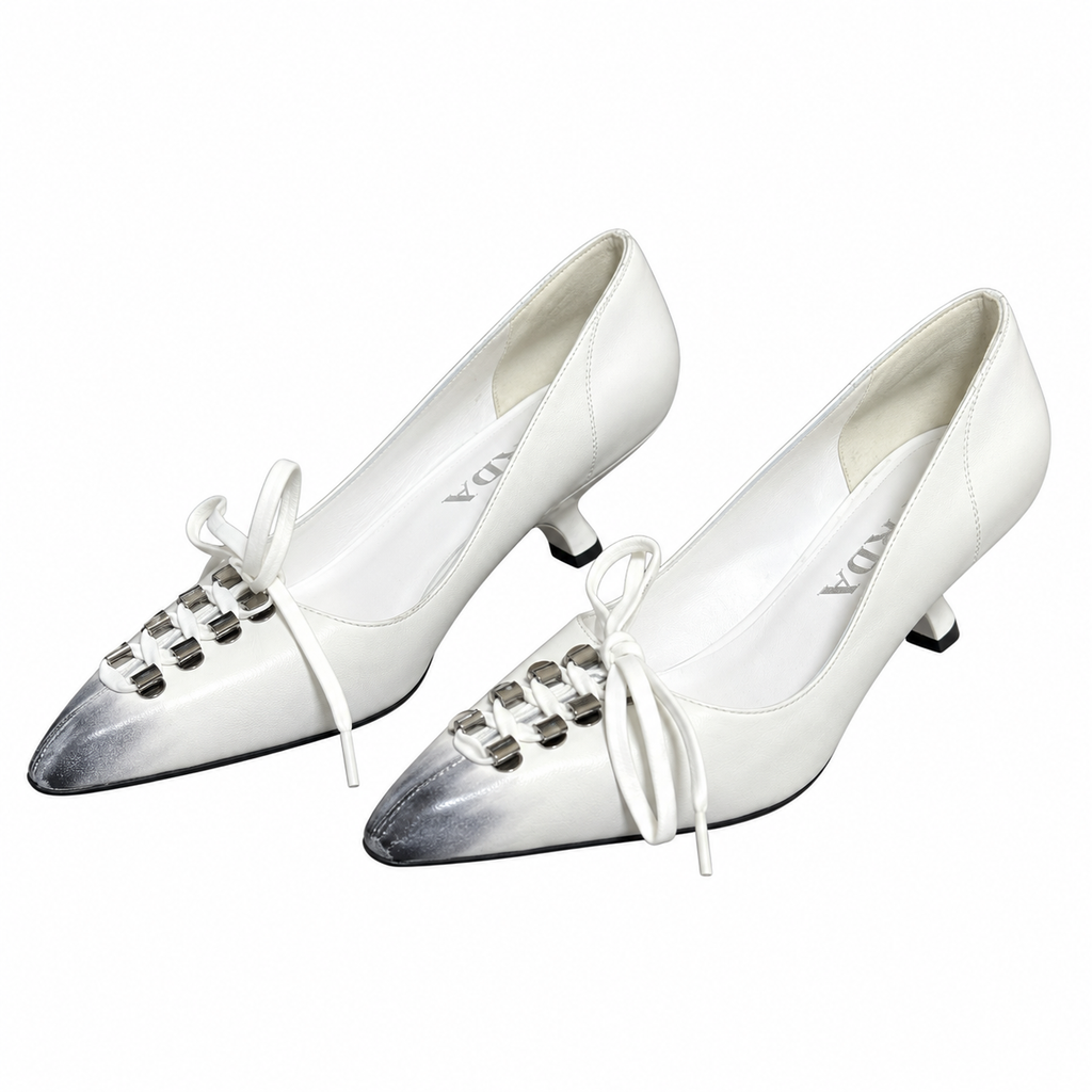 Prada White Silver-Tone Toe Lace-Up Pumps