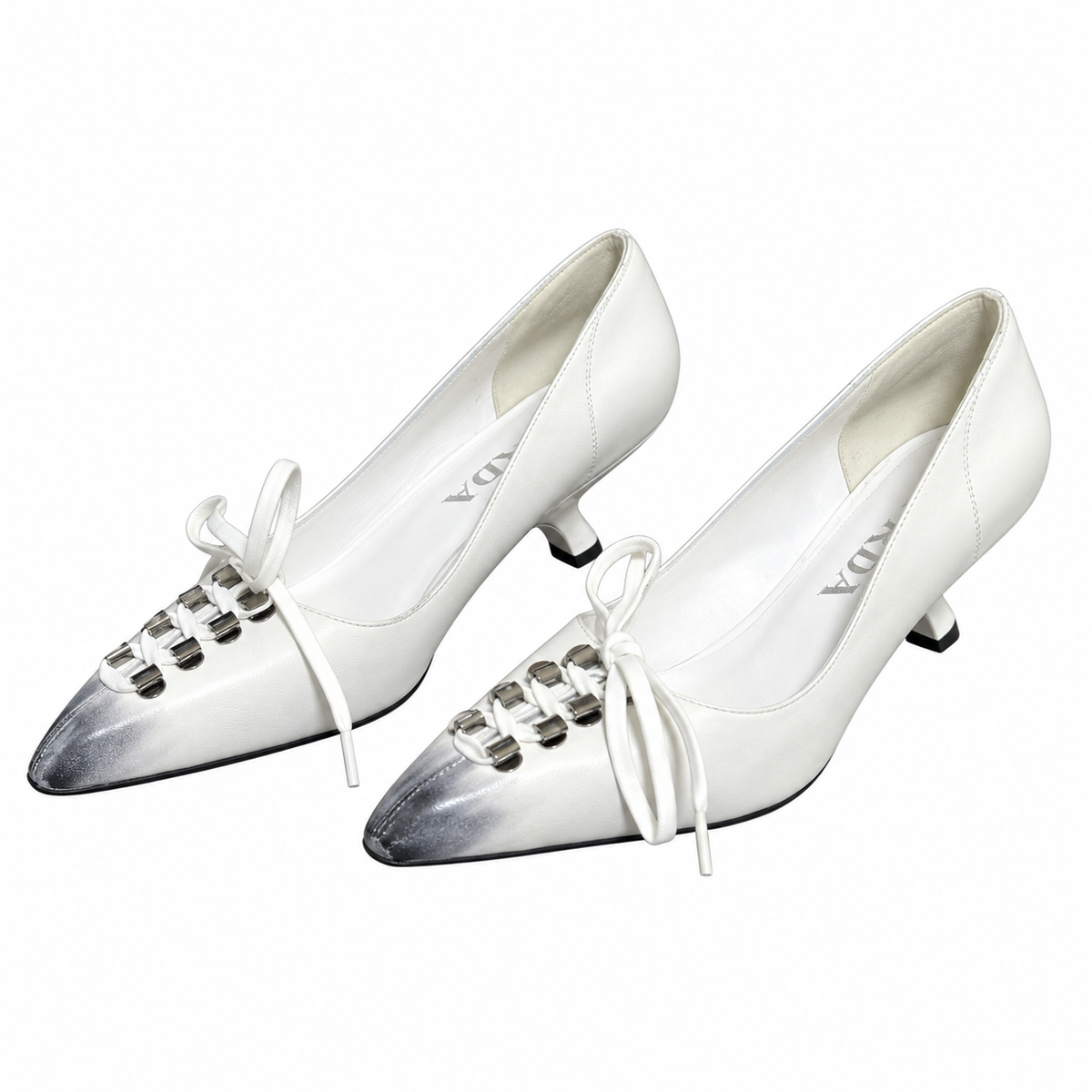 Prada White Silver-Tone Toe Lace-Up Pumps