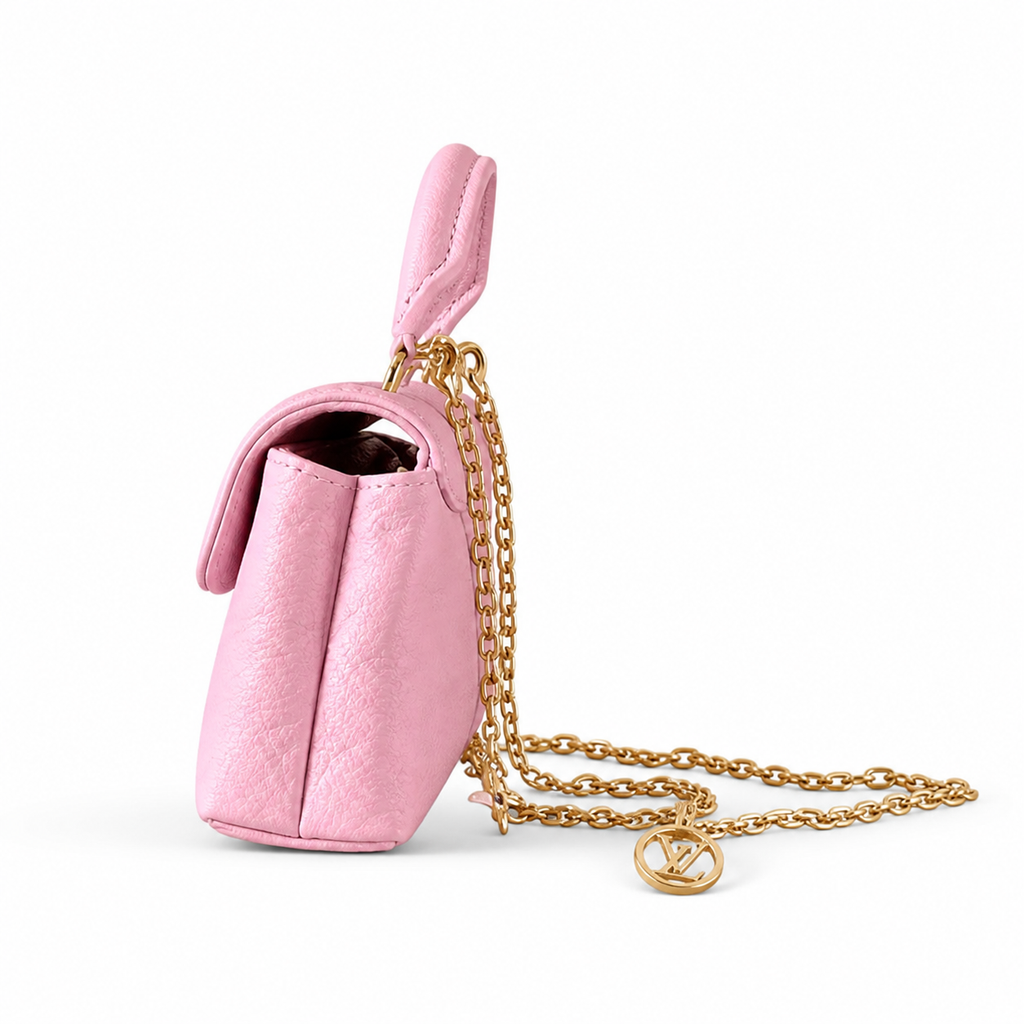 Louis Vuitton Dauphine Mini — Monogram Empreinte Leather in Rose Bonbon with Gold Chain & LV Charm