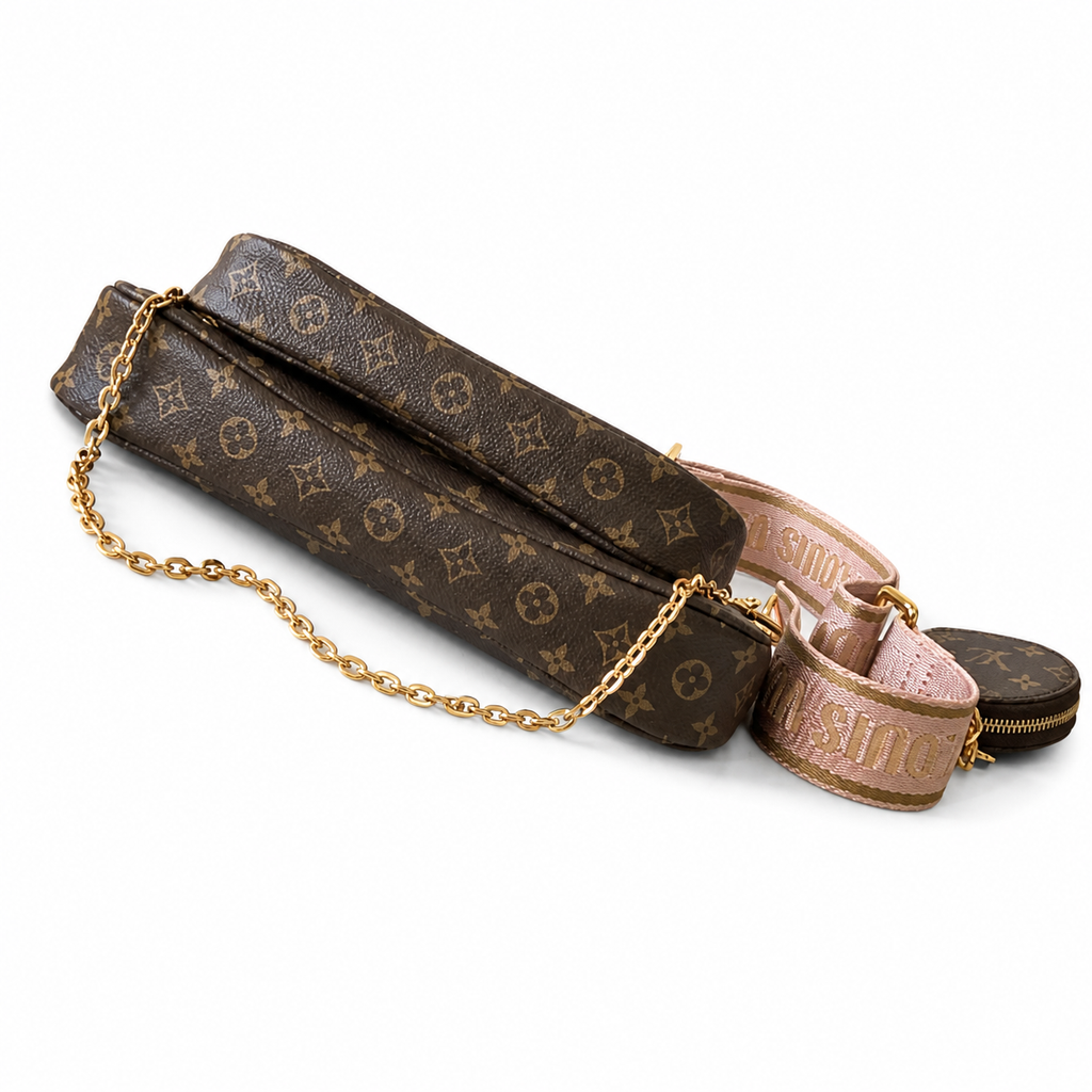 Louis Vuitton Pochette Accessoires — Monogram Canvas with Rose Pink Logo Strap
