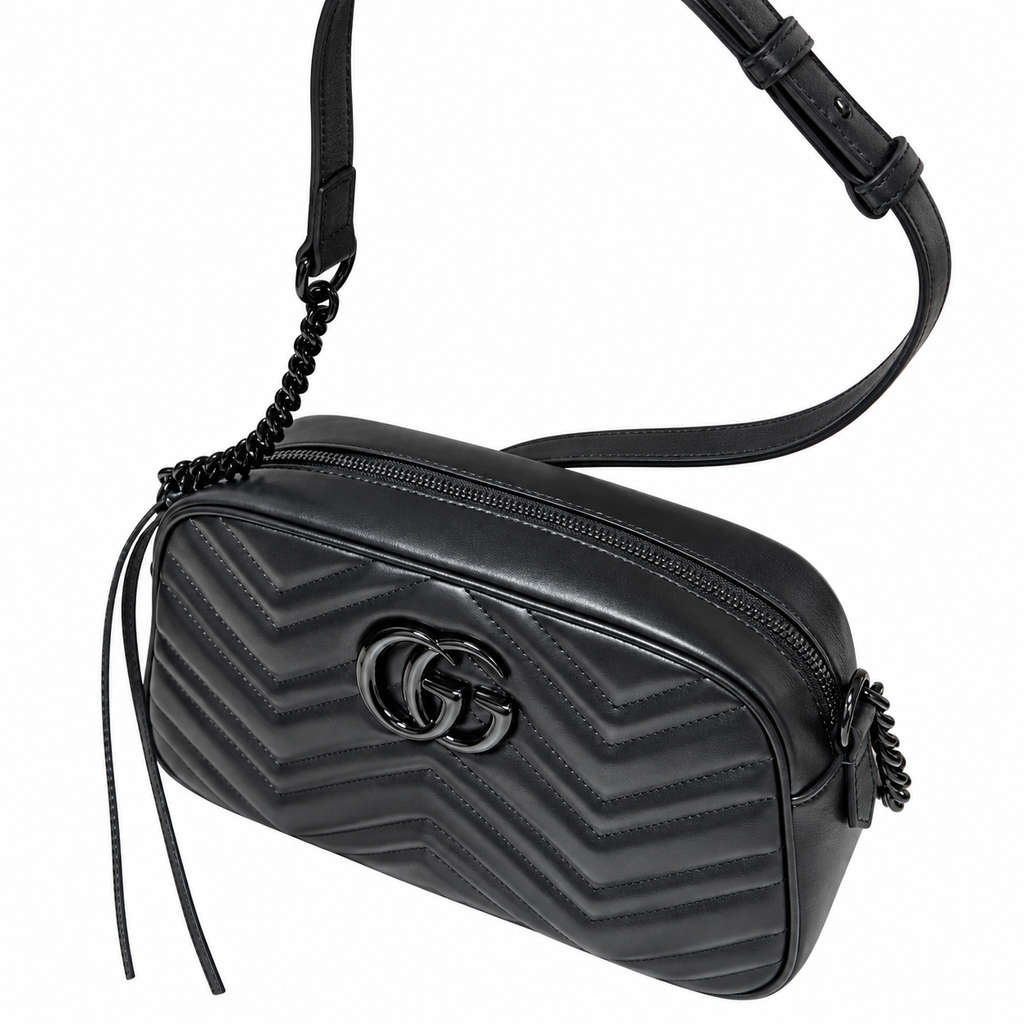Gucci GG Marmont Small Camera Bag in Tonal Black with Black Hardware