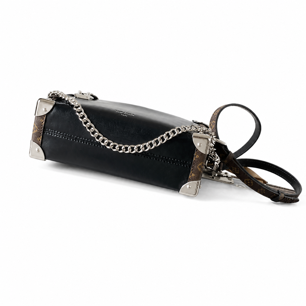 Louis Vuitton Side Trunk MM — Noir Calfskin, Monogram Canvas Frame, Silver V-Lock, Chunky Chain & Dual Closure