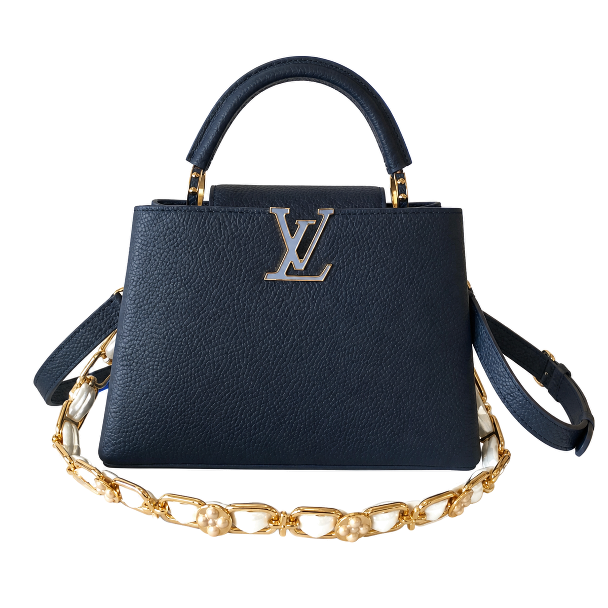 Louis Vuitton Capucines — Taurillon Leather in Marine with Mother-of-Pearl Flower Chain