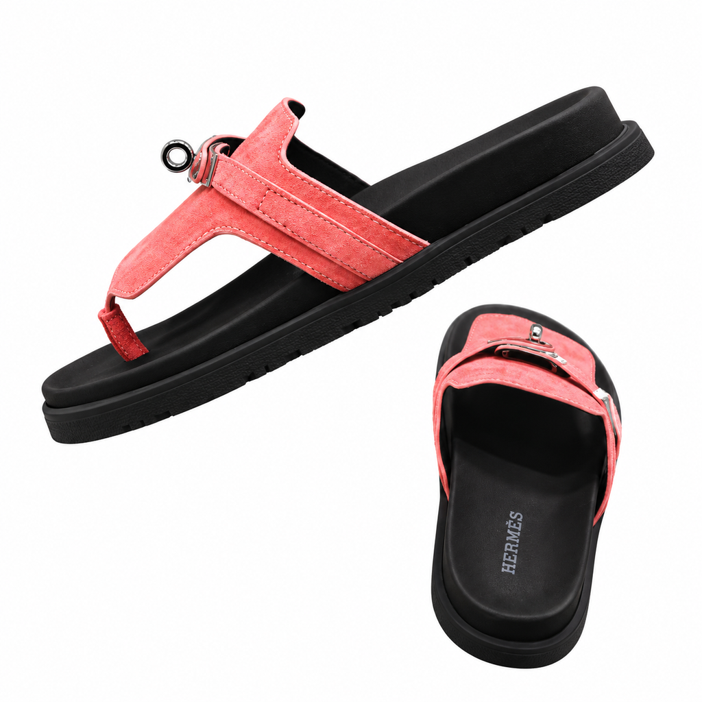 Hermès Coral Thong Sandals with Silver Buckle