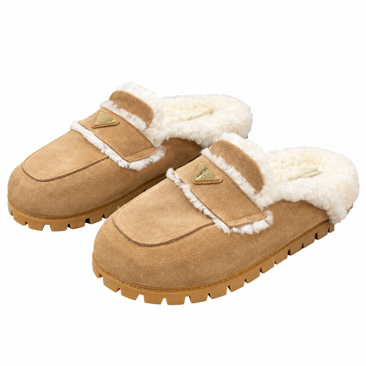 Prada Camel Plush-Trim Lug-Sole Loafer Mules
