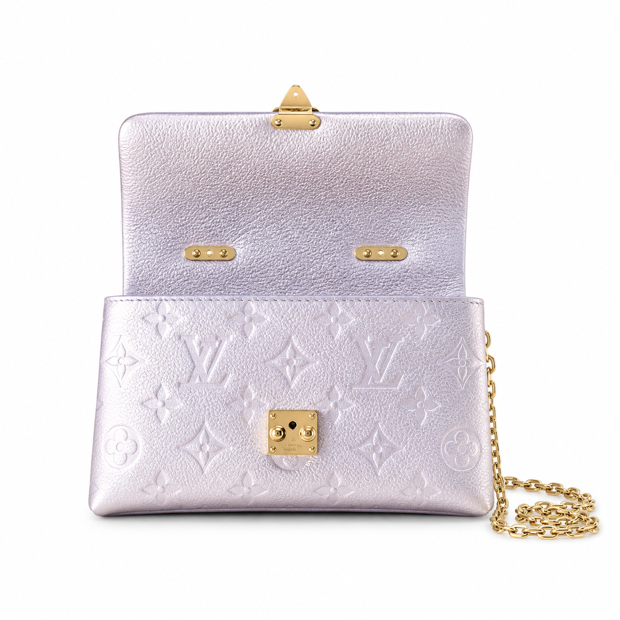 Louis Vuitton Dauphine Mini — Monogram Empreinte Leather in Rose Poudre with Gold Chain
