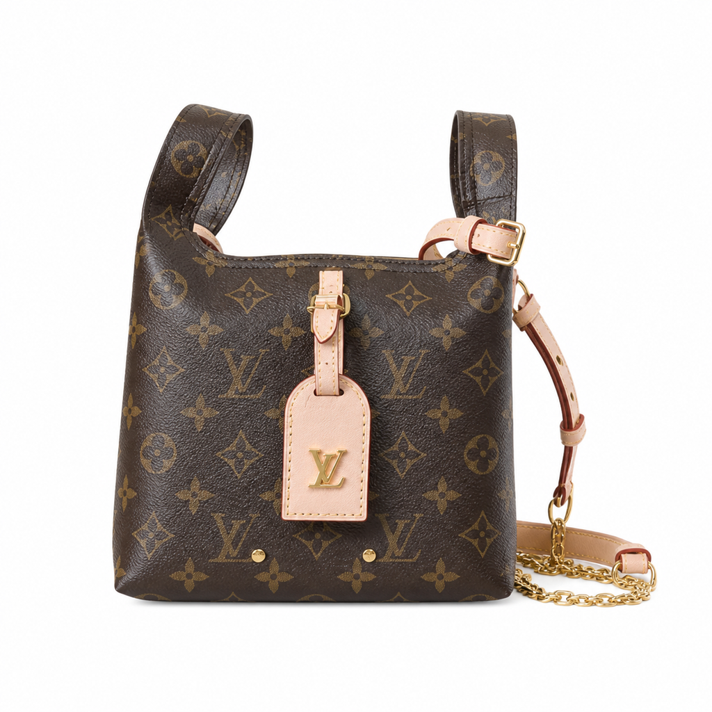 Louis Vuitton Mini Bucket — Monogram Canvas, Red-Trim Vachetta Strap & Gold Chain Base