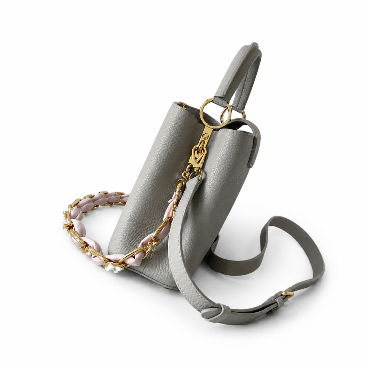 Louis Vuitton Capucines — Taurillon Leather in Perle with Pearl Flower Chain & Pink Leather Weave