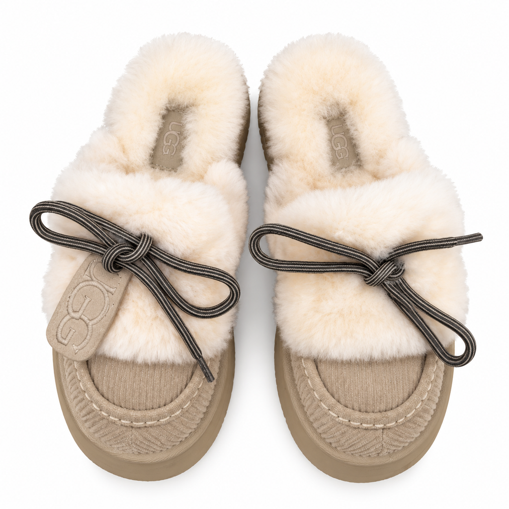 UGG Sand Beige Ribbed Bow Platform Slippers
