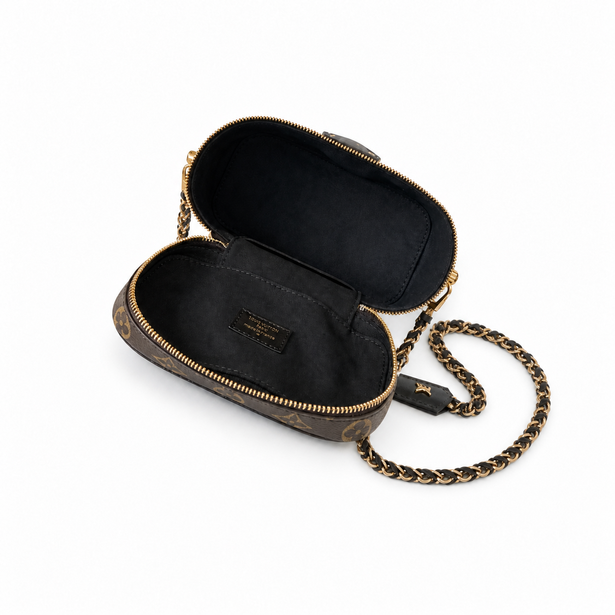 Louis Vuitton Cylinder Vanity — Monogram Canvas, Black Leather-Woven Chain & Gold Ring Clasp