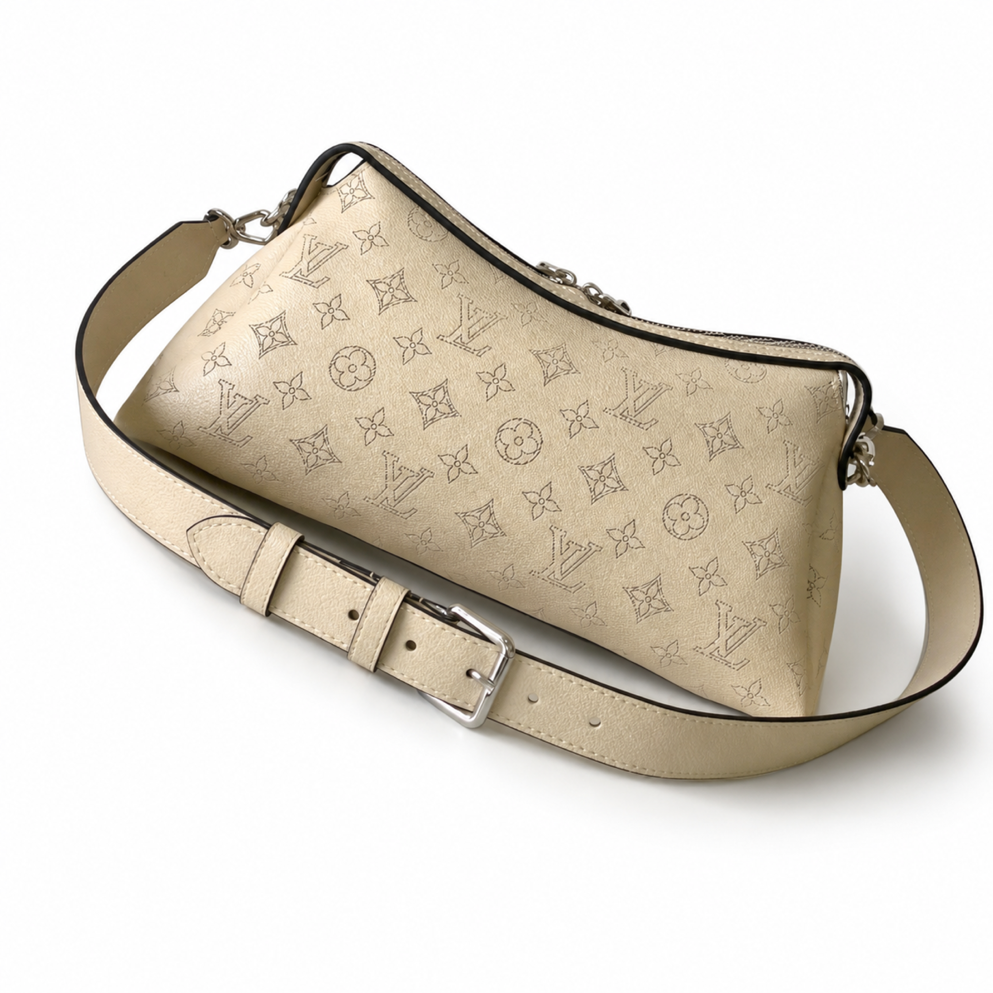 Louis Vuitton Mahina Belt Bag — Crème Ivoire Triangular Cone, Silver Chain & Leather Luggage Tag