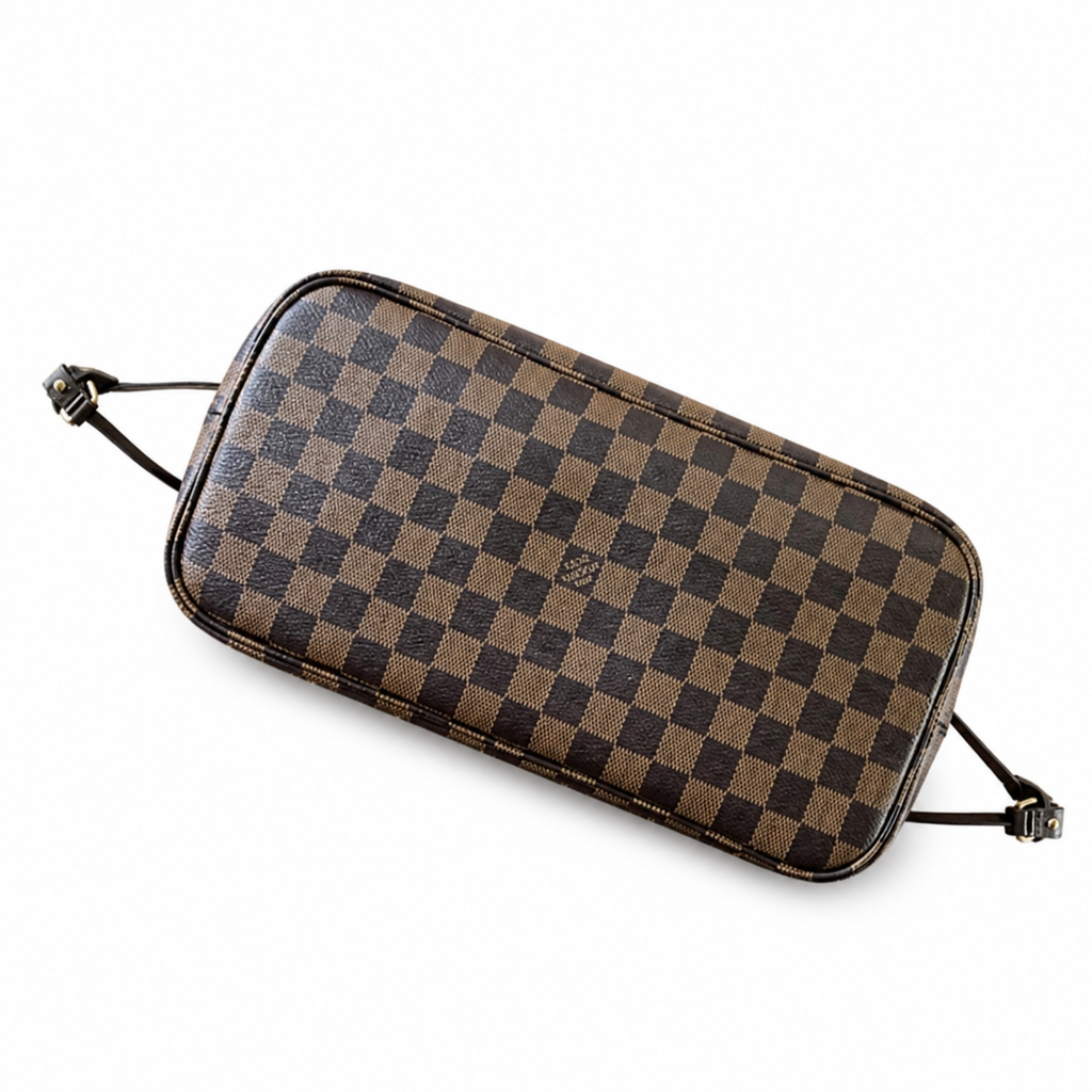 Louis Vuitton Neverfull MM — Damier Ébène, Dark Leather Straps & Side Cinch