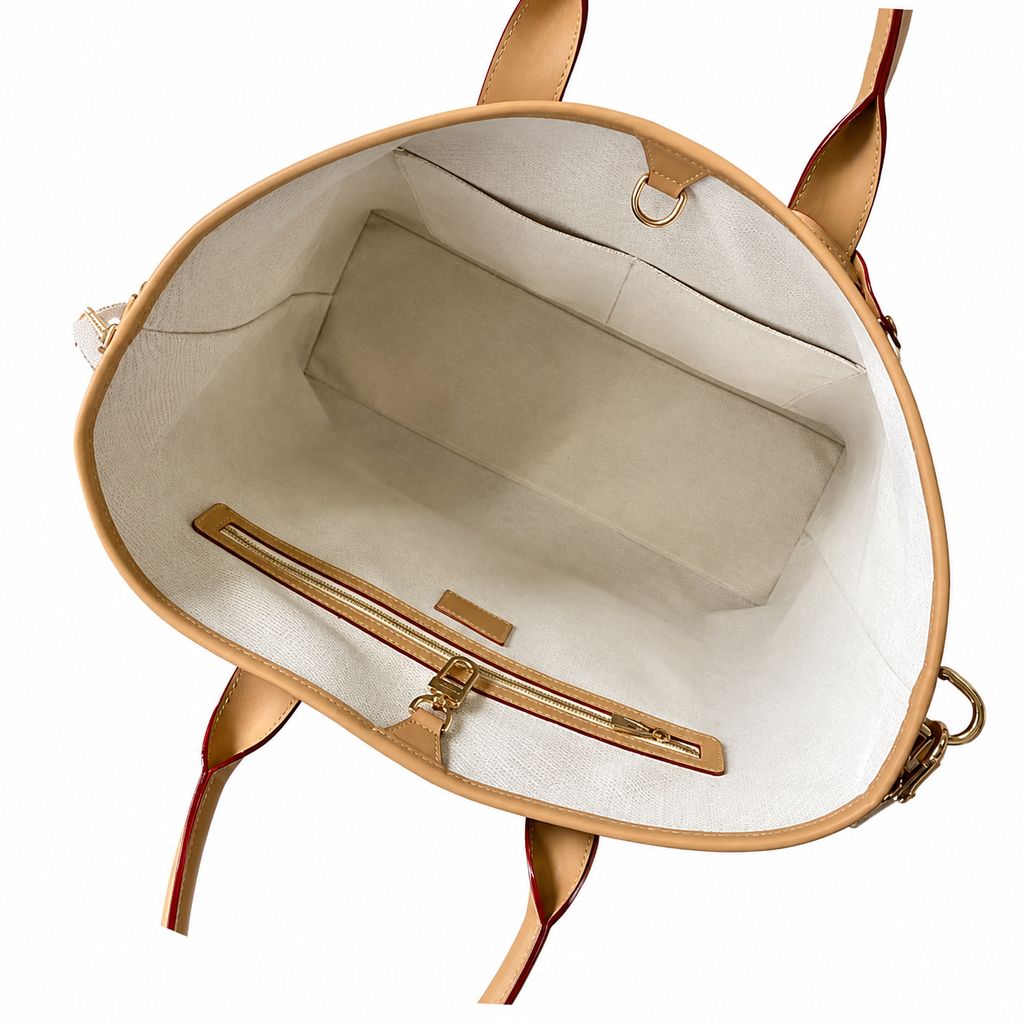 Louis Vuitton On The Go GM — Monogram Denim Canvas, Vachetta Trim & LV Logo Wide Strap