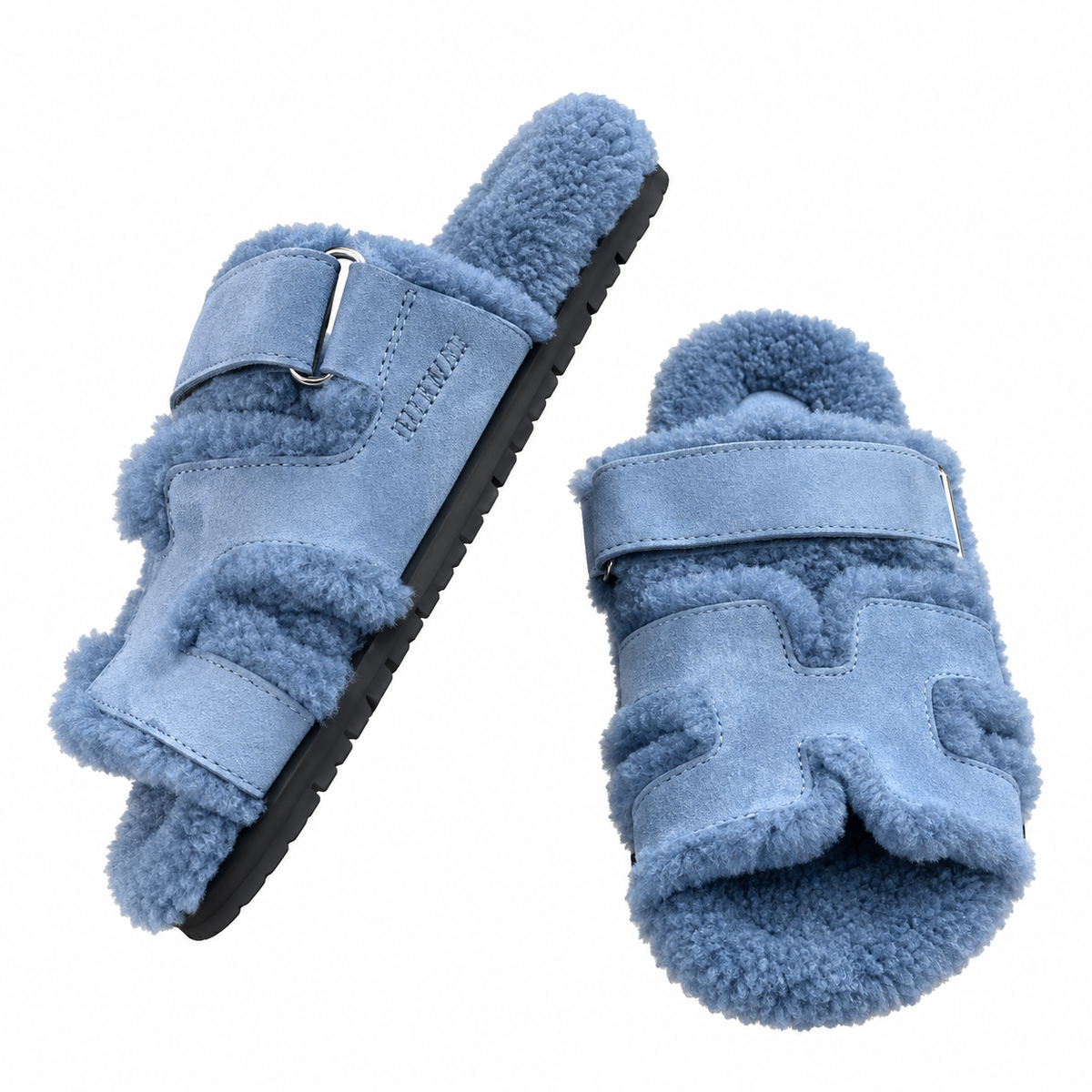 Hermès Light Blue Textured H-Strap Slides