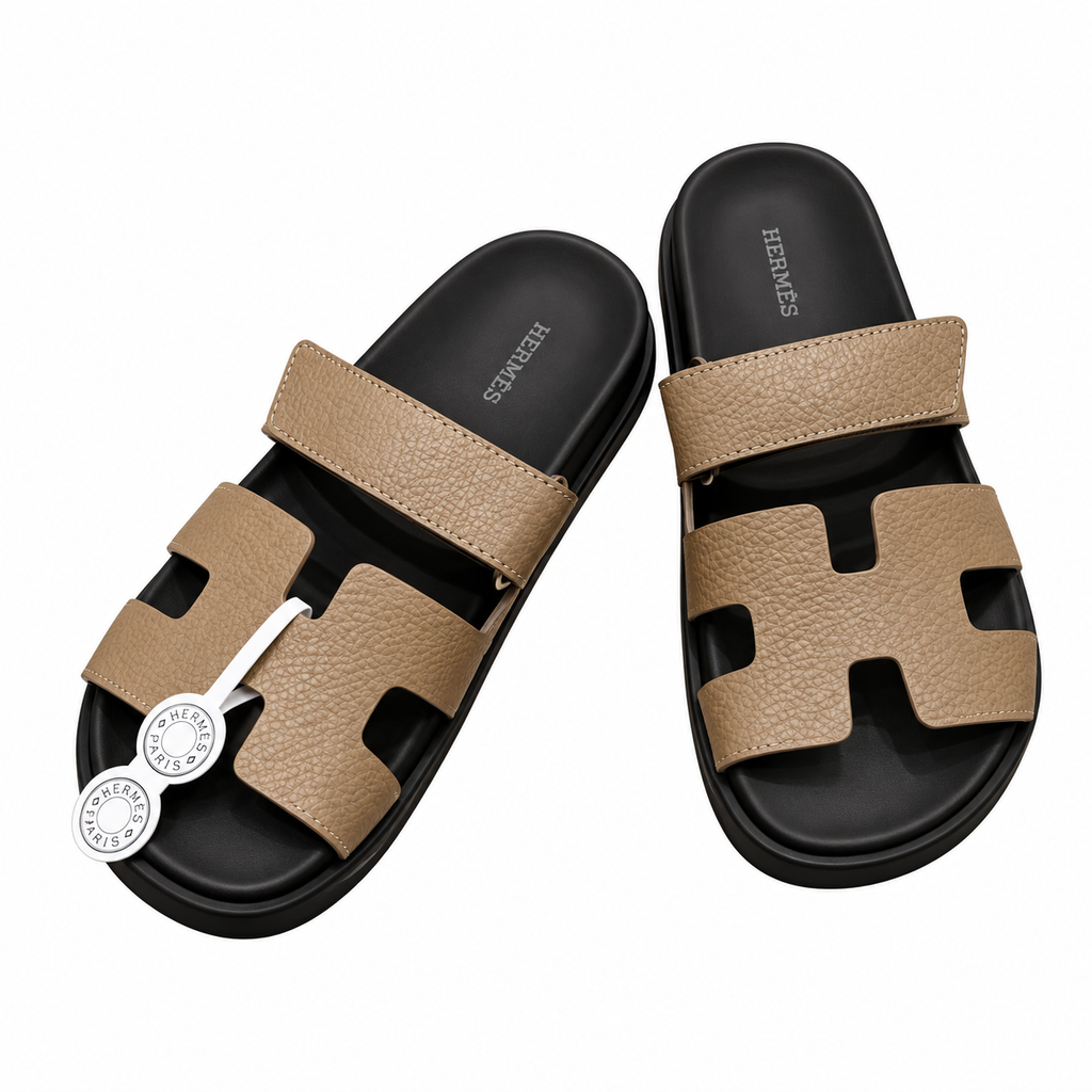 Hermès Sand Beige Grained Leather Slides