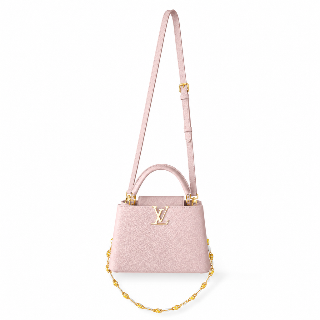 Louis Vuitton Capucines — Taurillon Leather in Rose Poudre with Yellow Flower Enamel Chain