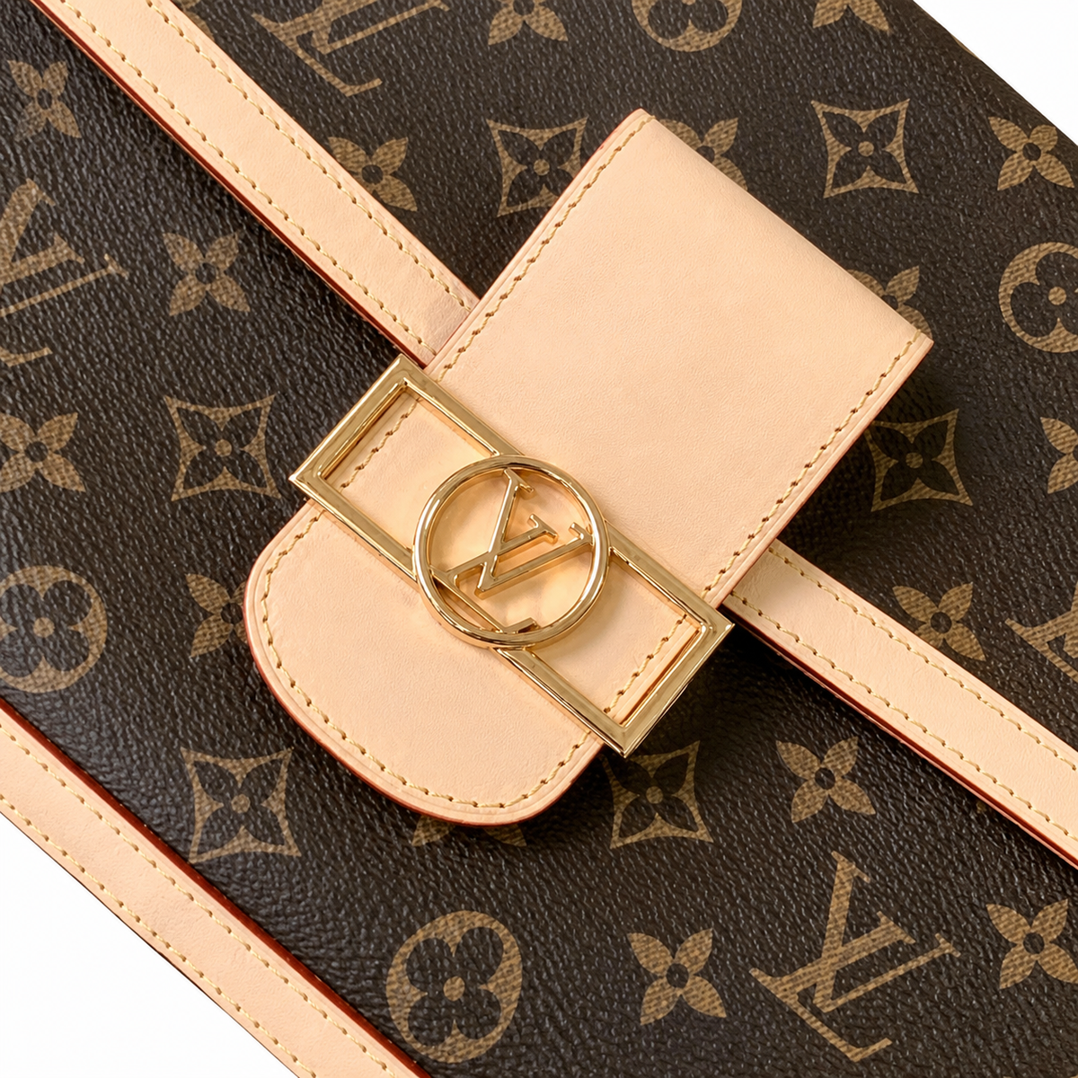 Louis Vuitton Dauphine MM — Monogram Canvas, Vachetta Flap Trim, LV Turn-Lock & Chunky Gold Chain