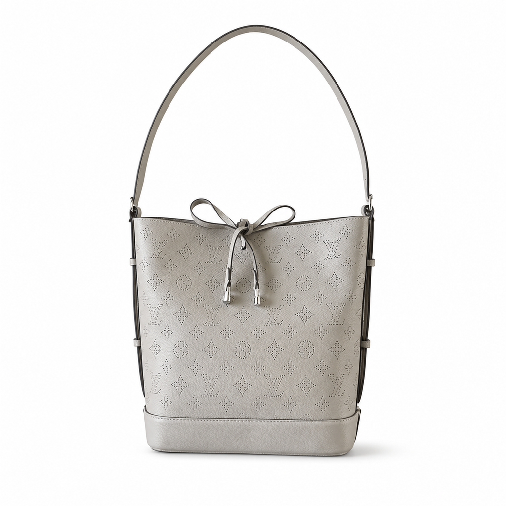 Louis Vuitton Mahina Bucket — Galet Grey Perforated Calfskin, Laser-Cut Monogram & Silver Hardware