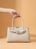 Cream Pebbled Leather Structured Top Handle Bag with Belt Lock