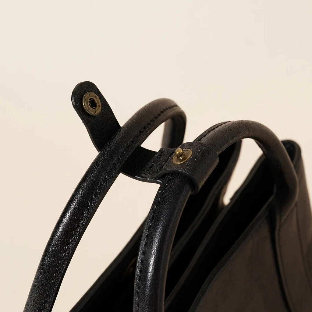 Black Waxed Leather Mini Structured Tote with Crossbody Strap