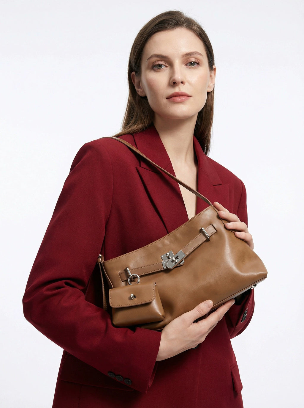 Tan Antiqued Leather Shoulder Bag with Pivot Lock and Mini Coin Pouch