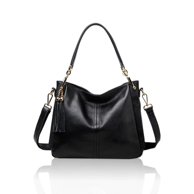Black Antiqued Leather Slouch Shoulder Bag with Gold Chain Tassel